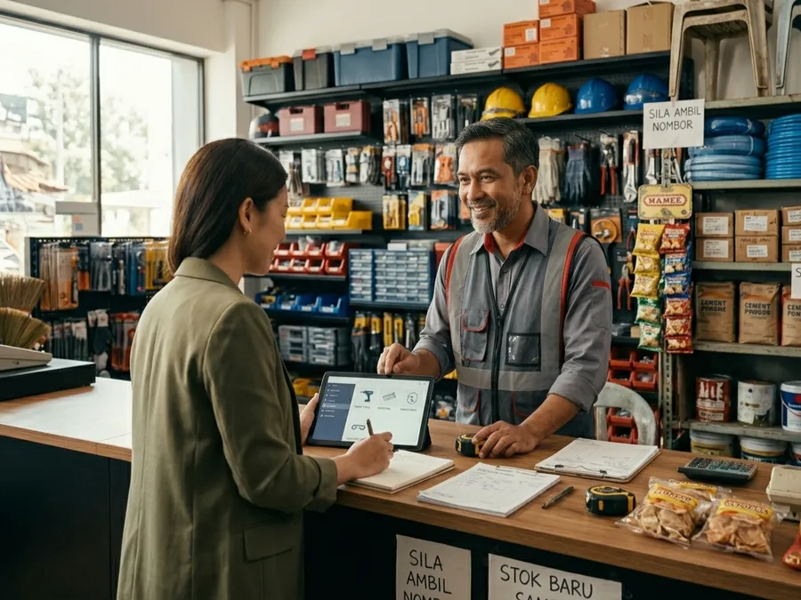 A Berjaya Hardware specialist helping a business customer at the supply counter