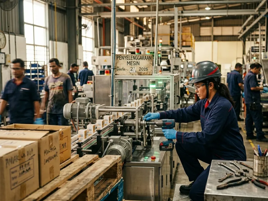 A technician using tools to keep machinery running on a busy factory floor