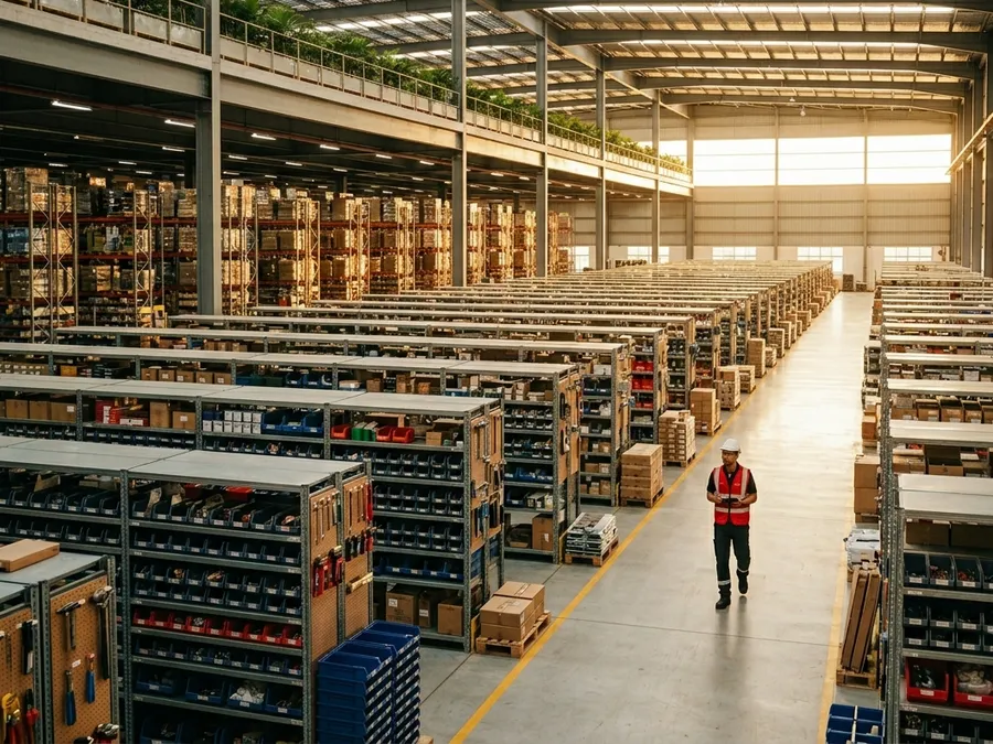 Wide view down the aisles of the organised Berjaya Hardware distribution warehouse