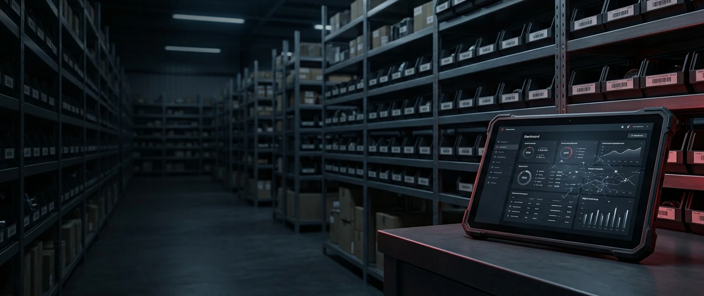 A tablet showing a procurement dashboard on a desk in a parts warehouse